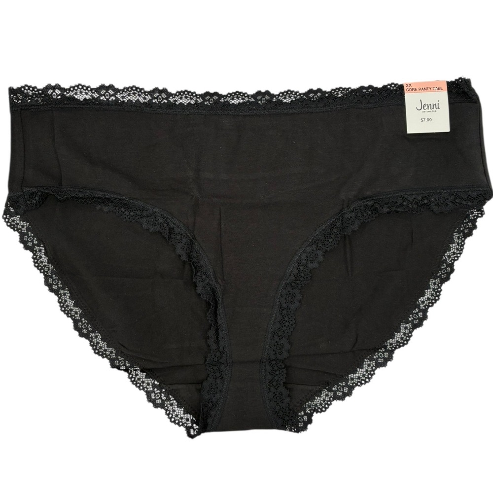 Jenni Intimates Womens Plus Size 2X‎ Black Lace Trim Comfort Core Panty